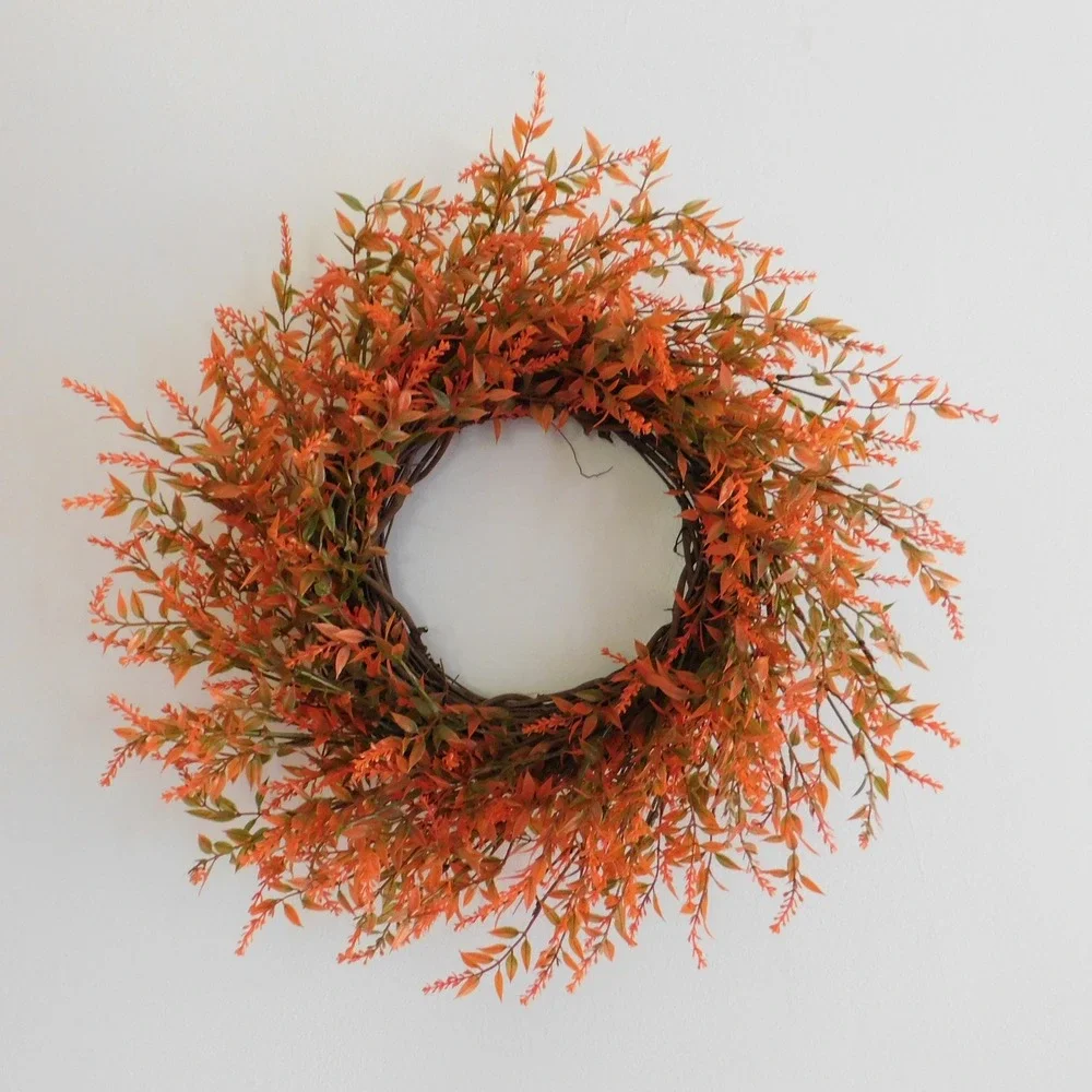 Handmade Autumn Wreath, Orange Greenery Door Decor, Fall Wildflower Accent